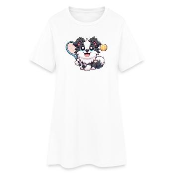 Süßer Border Collie Mit Tennisschläger Und Ball - Frauen T-Shirt-Kleid - Weiß - Vorne