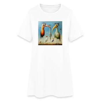 Volée surréaliste d’oiseaux sur la plage - Robe T-shirt Femme - blanc - Devant