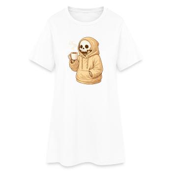 Cozy Skelett im Hoodie mit Tasse - Frauen T-Shirt-Kleid - Weiß - Vorne