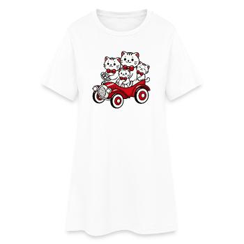 Katzenfamilie im roten Oldtimer - Frauen T-Shirt-Kleid - Weiß - Vorne