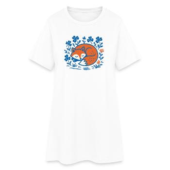 Schlafender Fuchs im Blumen-Nachtgarten - Frauen T-Shirt-Kleid - Weiß - Vorne