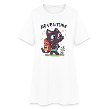 Abenteuerlustige schwarze Katze mit Rucksack - Frauen T-Shirt-Kleid - Weiß - Vorne