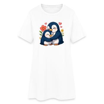 Des manchots câlins dans une mer de fleurs - Robe T-shirt Femme - blanc - Devant
