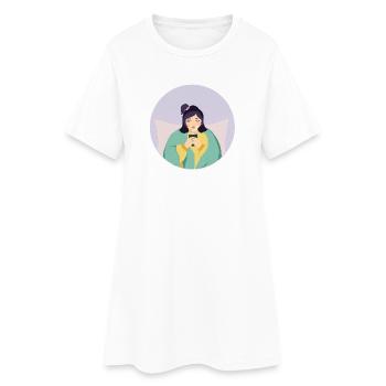 Pastellmüdes Mädchen mit Tee in gemütlicher Ecke - Frauen T-Shirt-Kleid - Weiß - Vorne
