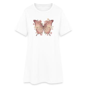 Papillon rose avec des fleurs - Robe T-shirt Femme - blanc - Devant