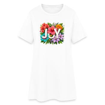 Tropische JOY – Florale Sommer-Hibiskustypografie - Frauen T-Shirt-Kleid - Weiß - Vorne