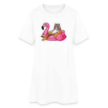 Cool Tiger auf Flamingo-Boje – Sommer-Rig-Design - Frauen T-Shirt-Kleid - Weiß - Vorne