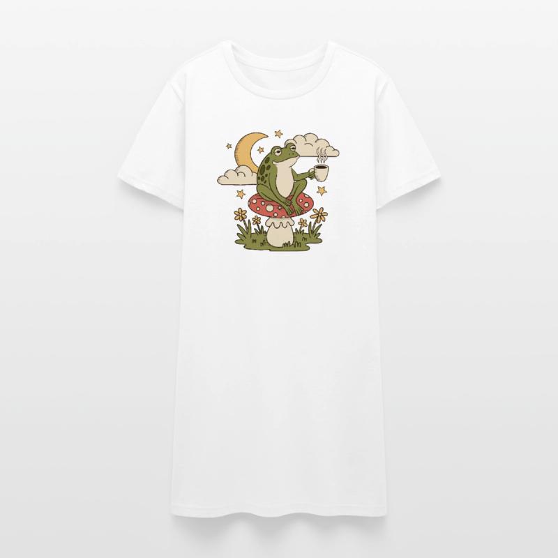 A frog with a cup sits on a toadstool Women’s T-Shirt Dress