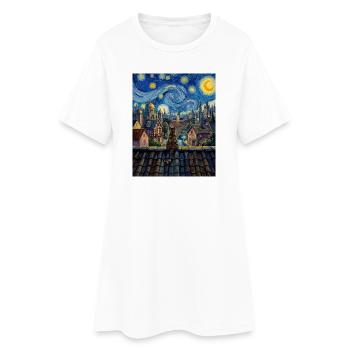 Tabby Cat Starry Night Village Art - Women’s T-Shirt Dress - white - Front