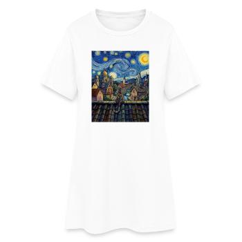 Cosmic Cat Over Moonlit City - Women’s T-Shirt Dress - white - Front