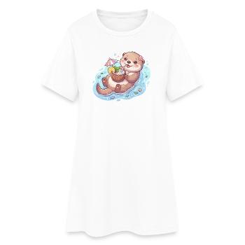 Cute Kawaii Otter Floating with Coconut Drink - Women’s T-Shirt Dress - white - Front