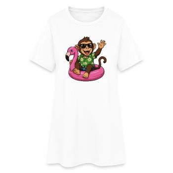 Tropischer Affe auf Flamingo-Poolfloat - Frauen T-Shirt-Kleid - Weiß - Vorne