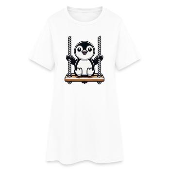 Cute Penguin on Swing Cartoon - Women’s T-Shirt Dress - white - Front