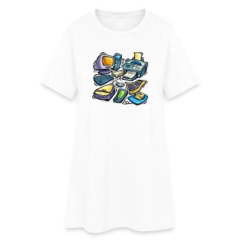 Retro Tech Schreibtisch-Cartoon - Frauen T-Shirt-Kleid - Weiß - Vorne