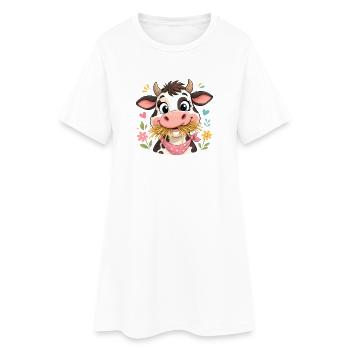 Vache avec foin et fleurs - Robe T-shirt Femme - blanc - Devant