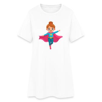 Flying cartoon superheroine with purple cape - Women’s T-Shirt Dress - white - Front