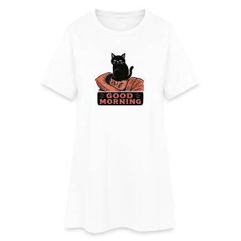 Chat noir en linogravure posé sur le visage matin - Robe T-shirt Femme - blanc - Devant