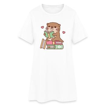 Cute Otter Sits Atop Of Books To Read - Women’s T-Shirt Dress - white - Front