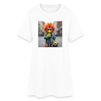 Plume Orange Oiseau Denim Street Style - Robe T-shirt Femme - blanc - Devant