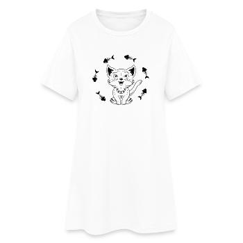 Happy Waving Cat with Fish Bones - Women’s T-Shirt Dress - white - Front