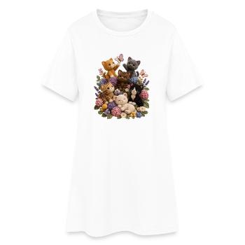 Des chats au crochet dans un jardin floral - Robe T-shirt Femme - blanc - Devant