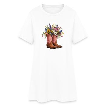 Bouquet of flowers in cowboy boots - Women’s T-Shirt Dress - white - Front
