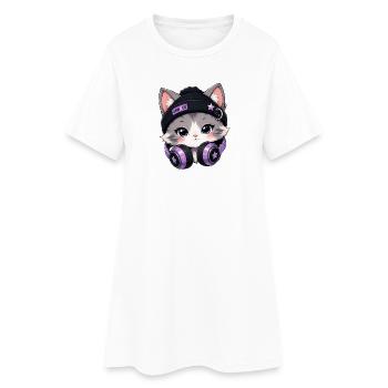 Purple DJ Cat with Headphones - Women’s T-Shirt Dress - white - Front