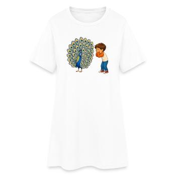 Junge staunt über prächtigen Pfau mit Federpracht - Frauen T-Shirt-Kleid - Weiß - Vorne