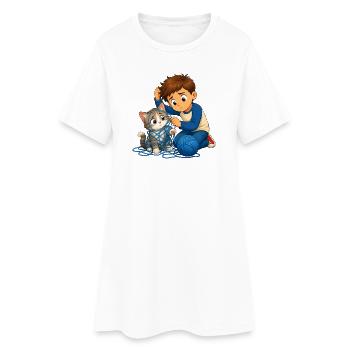 Boy gently frees cat from blue ball of wool - Women’s T-Shirt Dress - white - Front