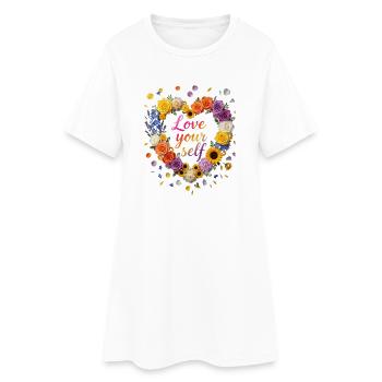 Love Your Self Blütenherz Design - Frauen T-Shirt-Kleid - Weiß - Vorne