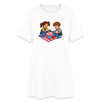 Schwein Mittagsschlaf mit Kindern Kuschelmotiv - Frauen T-Shirt-Kleid - Weiß - Vorne