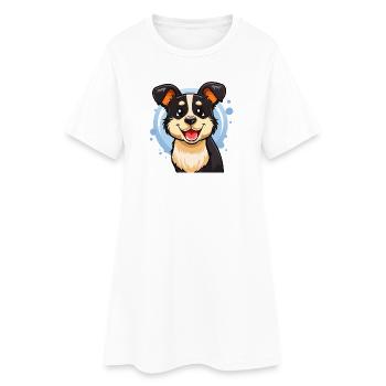 Fröhliches schwarz-weißes Hündchen (Comic-Porträt) - Frauen T-Shirt-Kleid - Weiß - Vorne