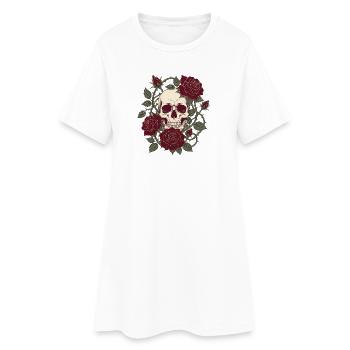 Skull & Roses – Gothic Totenkopf Blumen Design - Frauen T-Shirt-Kleid - Weiß - Vorne