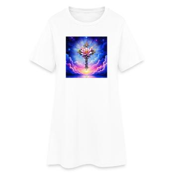 Blüten-Lotuskreuz am Sternenhimmel - Frauen T-Shirt-Kleid - Weiß - Vorne