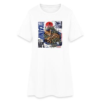 Powered by Catnip and Naps – Gemütliche Bengal Kat - Frauen T-Shirt-Kleid - Weiß - Vorne