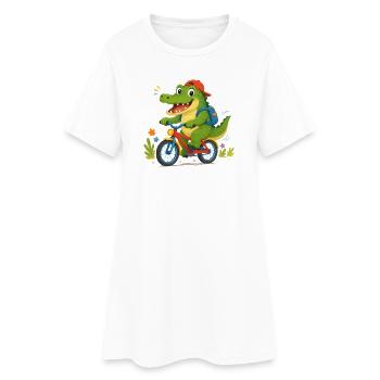 Crocodile joyeux allant à l’école à vélo - Robe T-shirt Femme - blanc - Devant