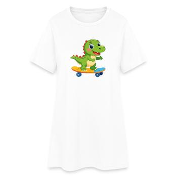 Petit dinosaure vert sur le skateboard – Skater Fun - Robe T-shirt Femme - blanc - Devant