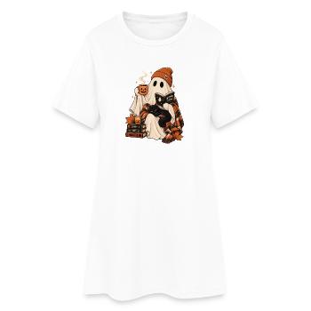  Gemütlicher Geist Liest Buch Schwarze Katze - Frauen T-Shirt-Kleid - Weiß - Vorne