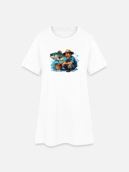 Fröhlicher Fischer und Riesenfisch - Frauen T-Shirt-Kleid - Weiß