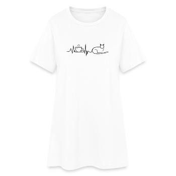 Café, battements de cœur et chat, ECG, buveur de café. - Robe T-shirt Femme - blanc - Devant