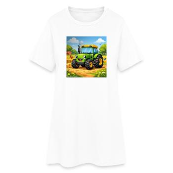 Fröhlicher Grüner Traktor auf Feld - Frauen T-Shirt-Kleid - Weiß - Vorne