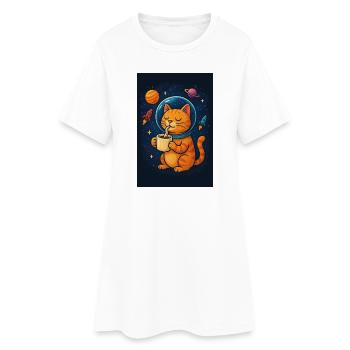 Chat en combinaison spatiale buvant du café - Robe T-shirt Femme - blanc - Devant