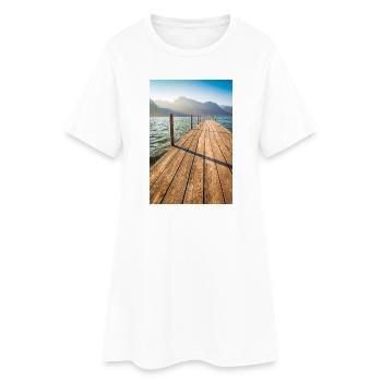 Jetée en bois au lac de la montagne au soleil - Robe T-shirt Femme - blanc - Devant