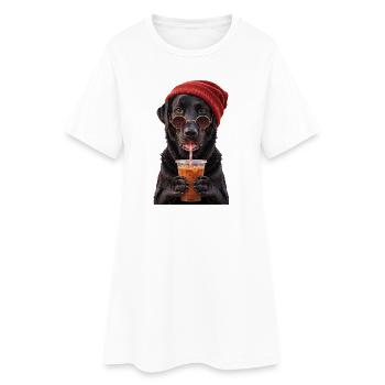 Labrador mit Mütze und Eiskaffee - Frauen T-Shirt-Kleid - Weiß - Vorne