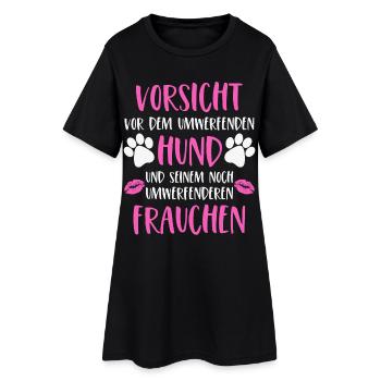 Hunde Frauchen Vorsicht vor dem umwerfenden Hund - Frauen T-Shirt-Kleid - Schwarz - Vorne