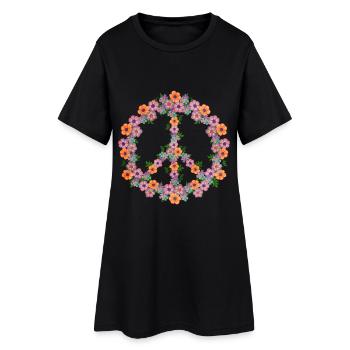 Ambiances rétro avec le signe de paix en fleurs pastel - Robe T-shirt Femme - noir - Devant