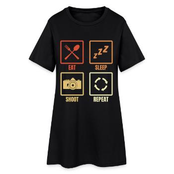 Essen Schlafen Fotografieren Wiederholen - Frauen T-Shirt-Kleid - Schwarz - Vorne