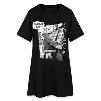 Arcade Anime Girl in Gaming Center “Wanna play?” - Frauen T-Shirt-Kleid - Schwarz - Vorne