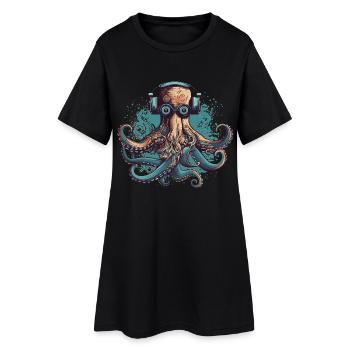 Cooler Nerdy Oktopus mit Brille und Kopfhörern - Frauen T-Shirt-Kleid - Schwarz - Vorne