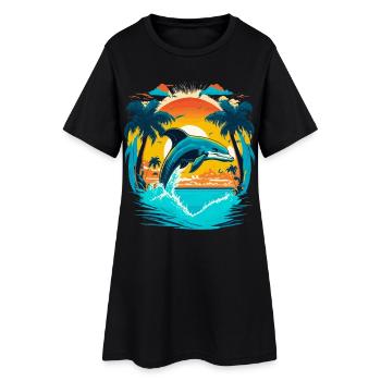 Springender Delphin im Sonnenuntergang - Frauen T-Shirt-Kleid - Schwarz - Vorne